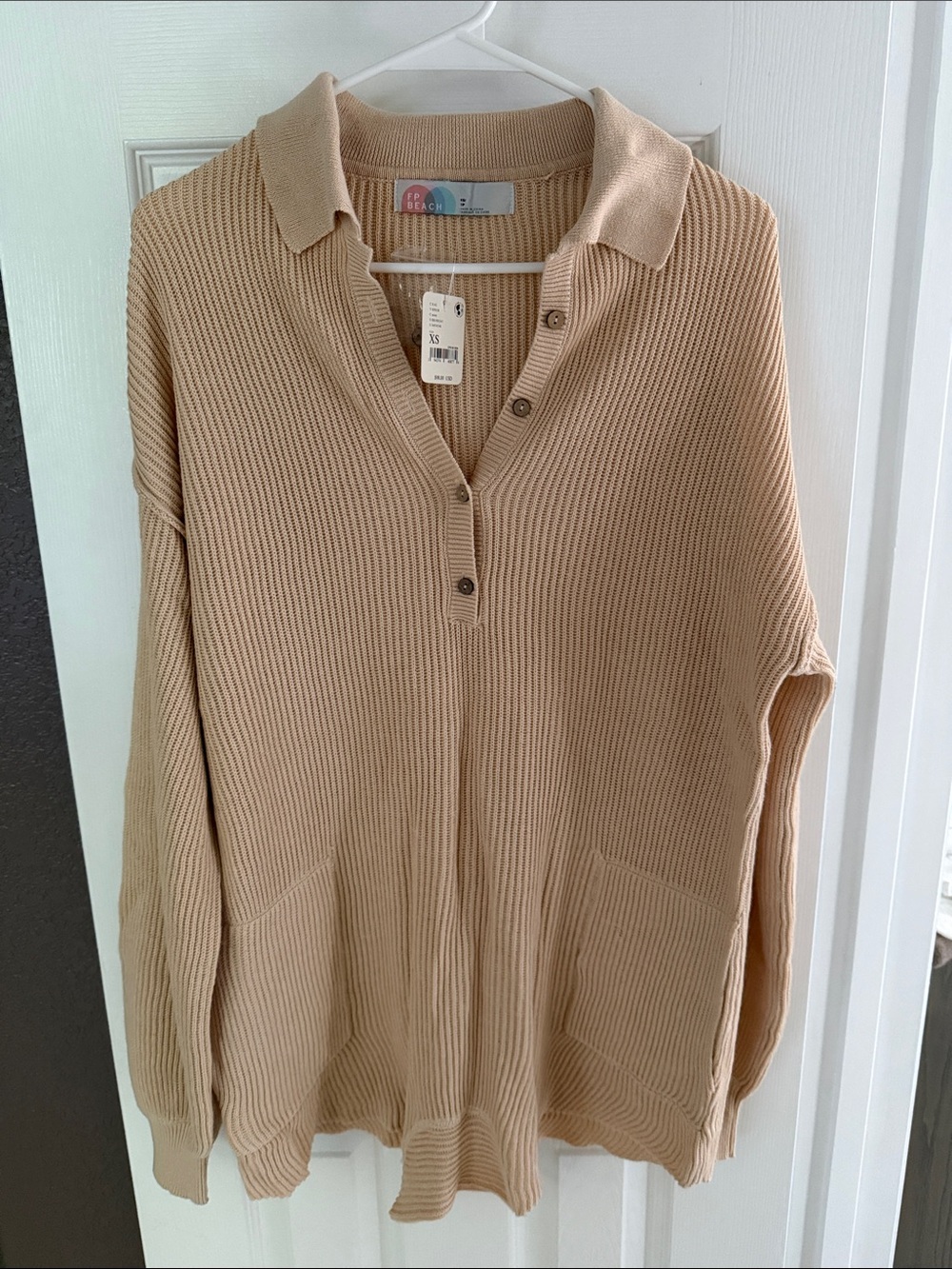 Lightweight Ribbed Polo Jumpsuit Romper in Beige